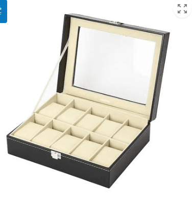 10 Slot Compartment PU Leather Watch Display Box- Black